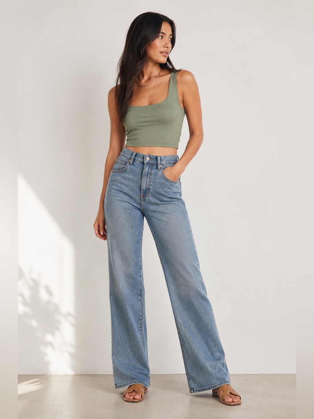 Free People Scoop Neck Crop Tank Green Ribbed NWT M L Boho